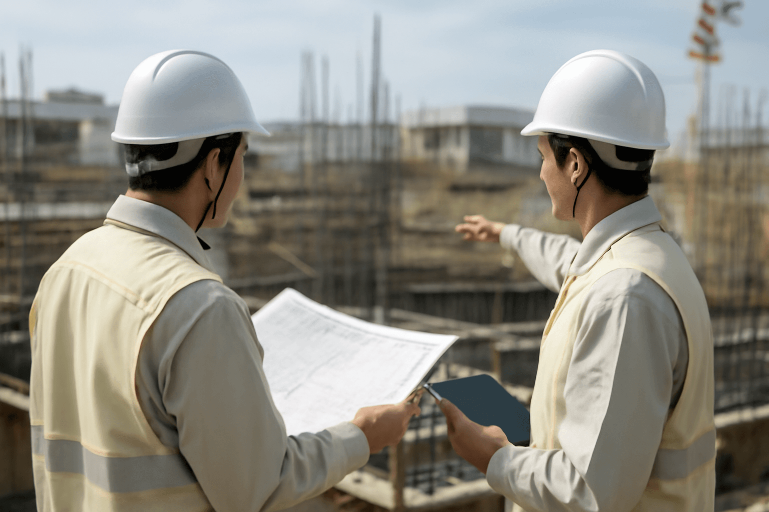 建設中の建物の前で、図面と現場を見比べて確認する施工管理の担当者